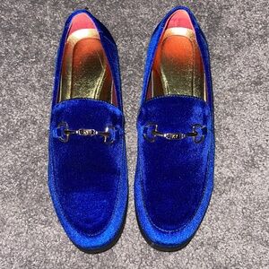 Mens Blue Velvet Loafers Gold Colored Accent Shoes